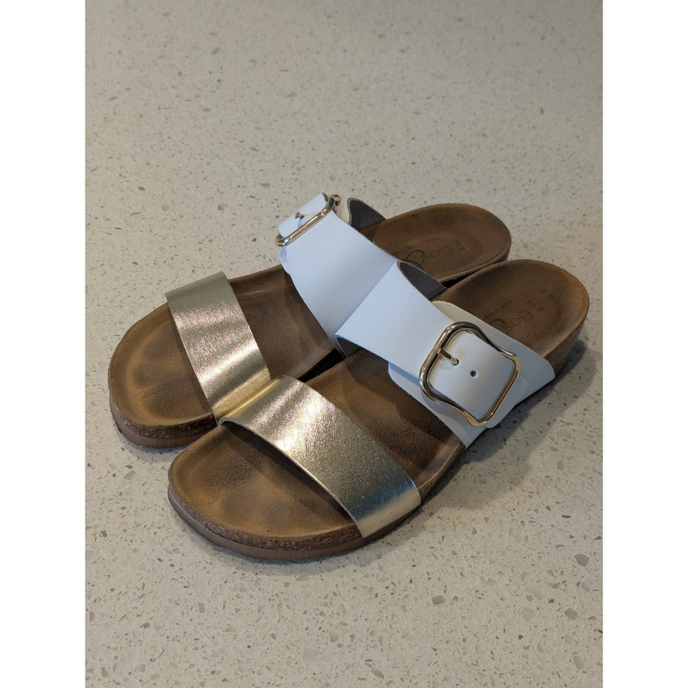 Bos & Co. Lapo Slip On Wedge Cork Sandals White Gold Leather Size EU 39 US 8
